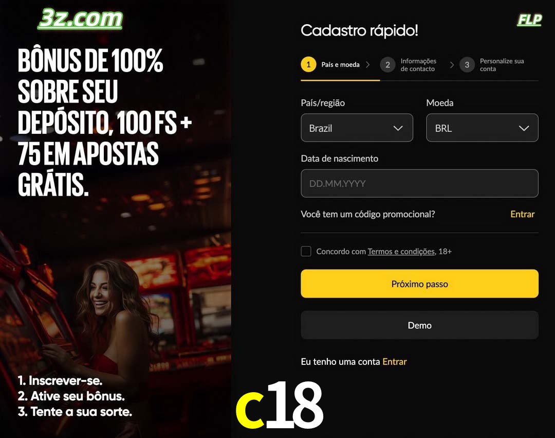 c18 registro oficial cassino online Brasil com bônus de depósito e free spins